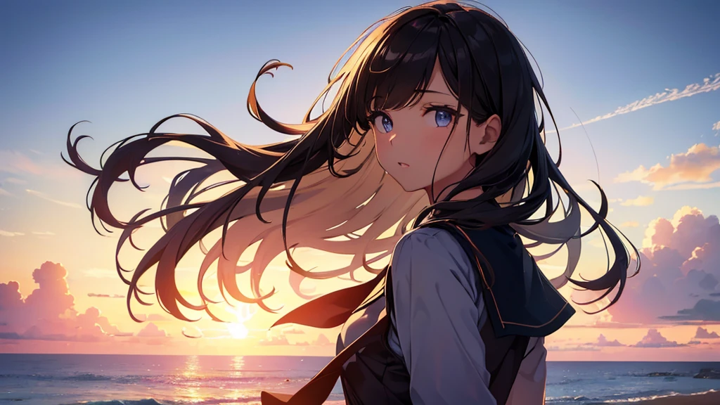 a girl in a navy sailor uniform skirt blowing in the wind, beach, summer sky, daytime, lower body shot:1.4, back view:1.6,long shot, intricate details, beautiful detailed eyes, beautiful detailed lips, extremely detailed face and hair, longeyelashes, detailed clothing folds and textures, sun rays, warm lighting, vibrant colors, golden hour, photorealistic, 8k, hyperdetailed, masterpiece, cinematic