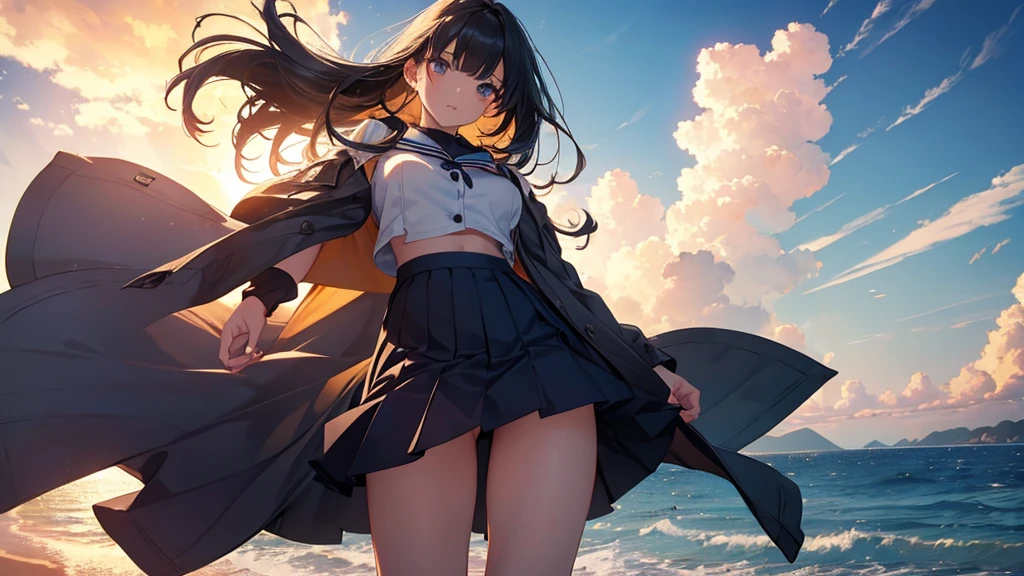 a girl in a navy sailor uniform skirt blowing in the wind, beach, summer sky, daytime, lower body shot:1.4, back view:1.6,long shot, intricate details, beautiful detailed eyes, beautiful detailed lips, extremely detailed face and hair, longeyelashes, detailed clothing folds and textures, sun rays, warm lighting, vibrant colors, golden hour, photorealistic, 8k, hyperdetailed, masterpiece, cinematic