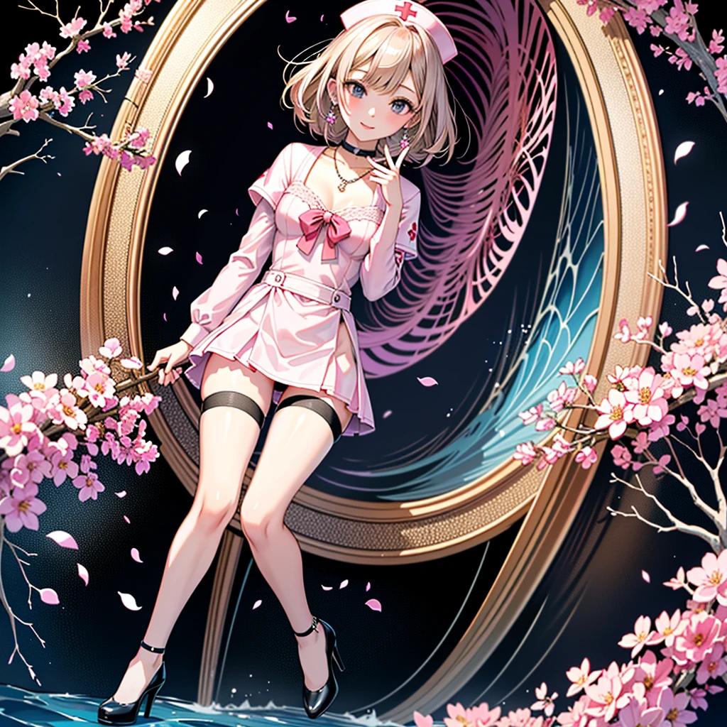 ((Biologically correct number of legs)),((Full-body photo including face)),4K,masterpiece,((Focus on the face)),((Symmetrical eyes)),Beautiful woman,Great style,Detailed depiction of the face,Small earrings,necklace,(Pink nurse,Niscart,((Black high heels and stockings)),Low angle photo,Panty shot,Petals scattered all around,Half Up,Ocean Background