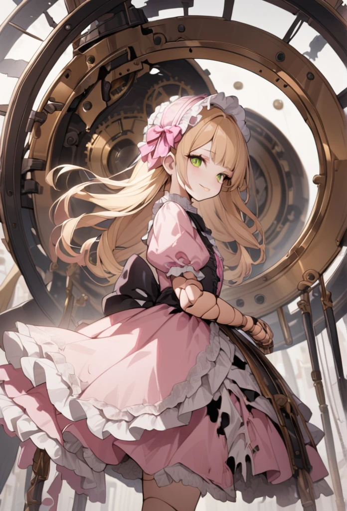 Blonde hair,ringlet,emerald green eyes,long eyelashes,light pink victorian dress,puffy short sleeves,frilled dress,frilly wide brimmed Bonnet with bows,fringe bangs,cowboy shot,masterpiece,highress,soft smile,bishoujo,peterpan collar,sideview,solo,(pink clothes),ball joins,doll joints,clockwork, cage skirt,crinoline,(torn dress,tattered dress,damaged clothing)