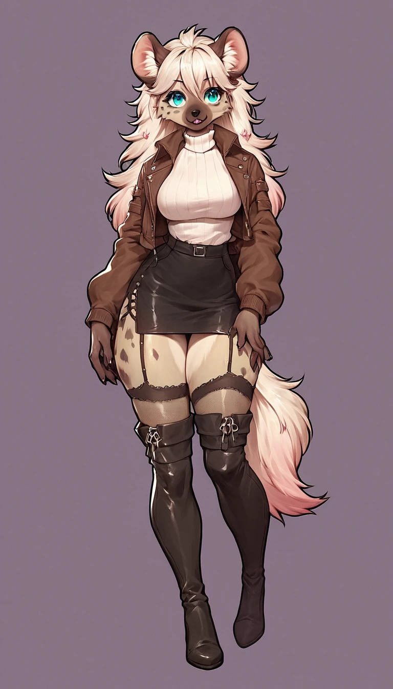 score_9, score_8_up, score_7_up, score_6_up, score_5_up, score_4_up, (solo), female anthro hyena, wearing cute fall clothes, jacket, sweater, short pencil skirt, garter belt thigh boots , lusty, fluffy body, long blond hair, turquoise eyes, (thick thighs:1.3) she is standing , violet background, simple background, high heels