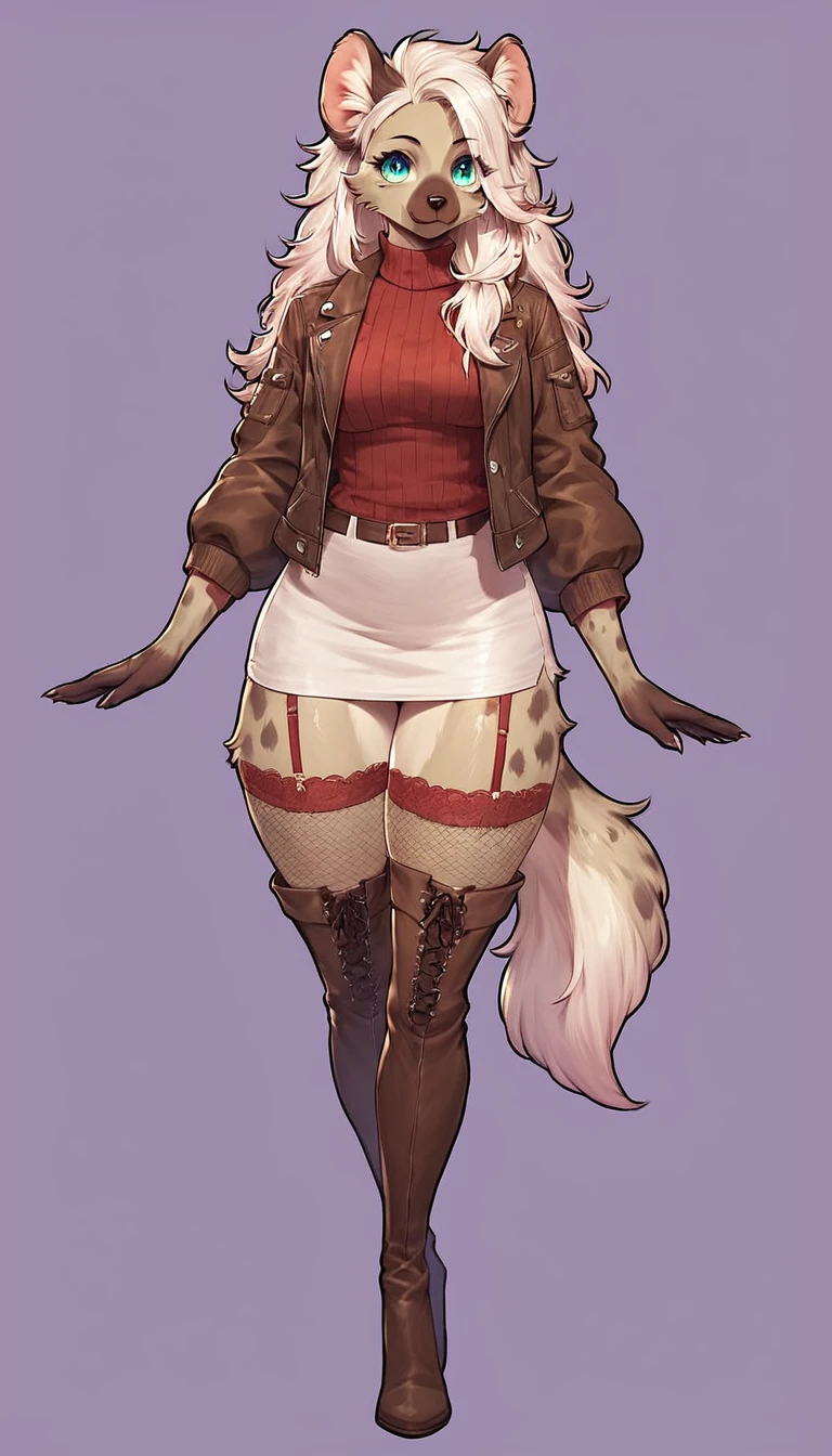 score_9, score_8_up, score_7_up, score_6_up, score_5_up, score_4_up, (solo), female anthro hyena, wearing cute fall clothes, jacket, sweater, short pencil skirt, garter belt thigh boots , lusty, fluffy body, long blond hair, turquoise eyes, (thick thighs:1.3)  she is standing , violet background, simple background, high heels 