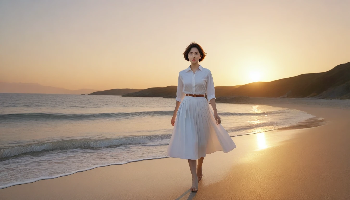 8k realistic, lifelike photo, Realistic appearance of nature, , Woman walking along the beach at sunset. Viewed from a distance with a wide-angle lens , Front view of a 36-year-old Korean woman wearing a white light skirt, burning sunset light, 1 woman, Short in stature, short medium hair, looking at the camera.