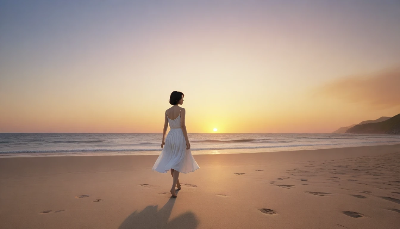 8k realistic, lifelike photo, Realistic appearance of nature, , Woman walking along the beach at sunset. Viewed from a distance with a wide-angle lens , Front view of a 36-year-old Korean woman wearing a white light skirt, burning sunset light, 1 woman, Short in stature, short medium hair, looking at the camera.