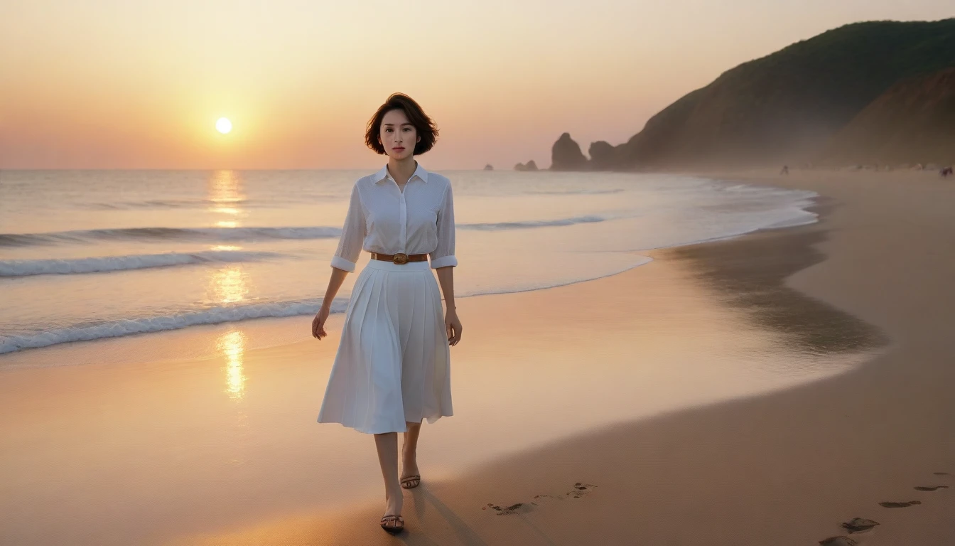 8k realistic, lifelike photo, Realistic appearance of nature, , Woman walking along the beach at sunset. Viewed from a distance with a wide-angle lens , Front view of a 36-year-old Korean woman wearing a white light skirt, burning sunset light, 1 woman, Short in stature, short medium hair, looking at the camera.