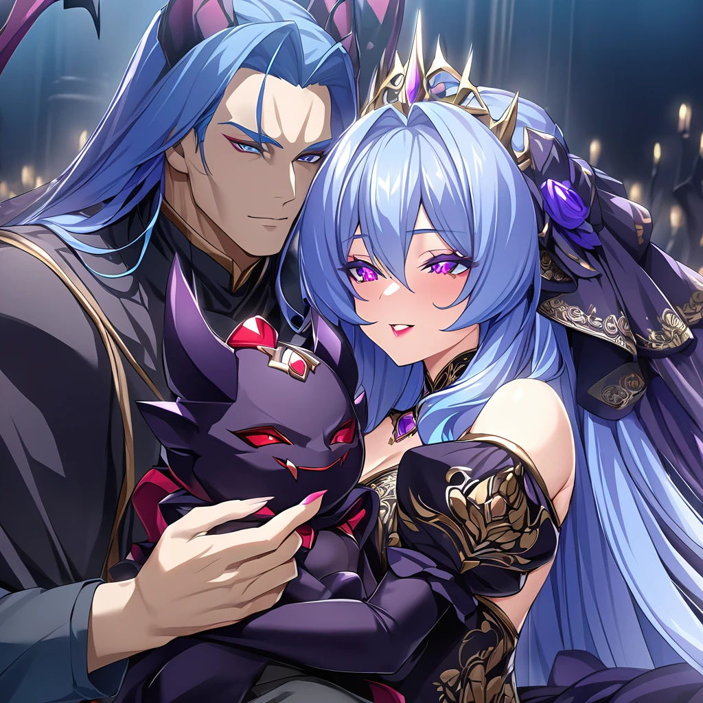 ((Highest quality)), ((masterpiece)), (detailed), （Perfect Face）、A woman is holding a demon  and hugging and kissing a man who is the great evil demon king.、The woman is the evil queen, Extia, with medium-long blue hair, a gorgeous black wedding dress with gold embroidery and trim, a black wedding veil, an engagement ring, gorgeous accessories, lipstick and makeup, and a dignified, beautiful evil queen.、The woman looks happy、The man is a great and powerful demon king and a majestic demon.