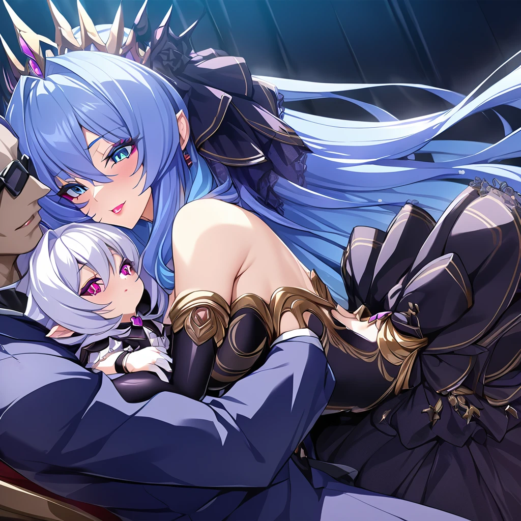 ((Highest quality)), ((masterpiece)), (detailed), (Perfect Face)、The woman is the evil queen Dark Extia, holding a baby, an evil transforming heroine, with medium-long silver hair, wearing a gorgeous evil queen dress with gold embroidery and trim, gorgeous accessories, an engagement ring, and a happy expression as she snuggles up to the man.、The man is the evil king, Naioro, a handsome man with medium-long silver hair, wearing a black bodysuit and embracing a woman.、A man and a woman are sitting close together on a luxurious throne、A man and a woman are a deeply loving couple