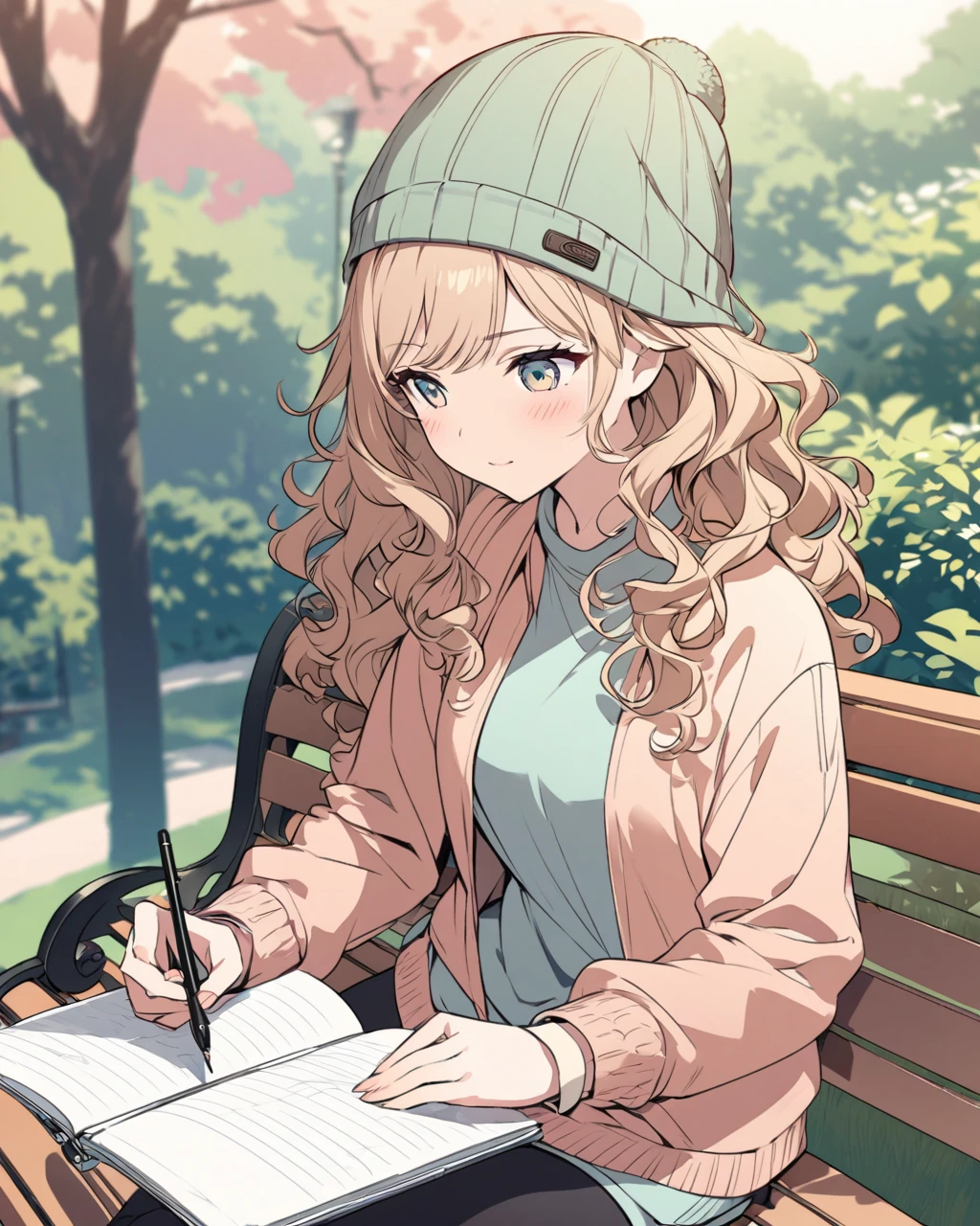 Create a detailed anime illustration of a young woman with long, wavy hair and a stylish, relaxed outfit, including a beanie, a cropped sweater, and leggings. She is sitting on a park bench, sketching in a notebook, with a focused expression. Use a soft, pastel background with elements of nature to enhance the peaceful and creative setting.