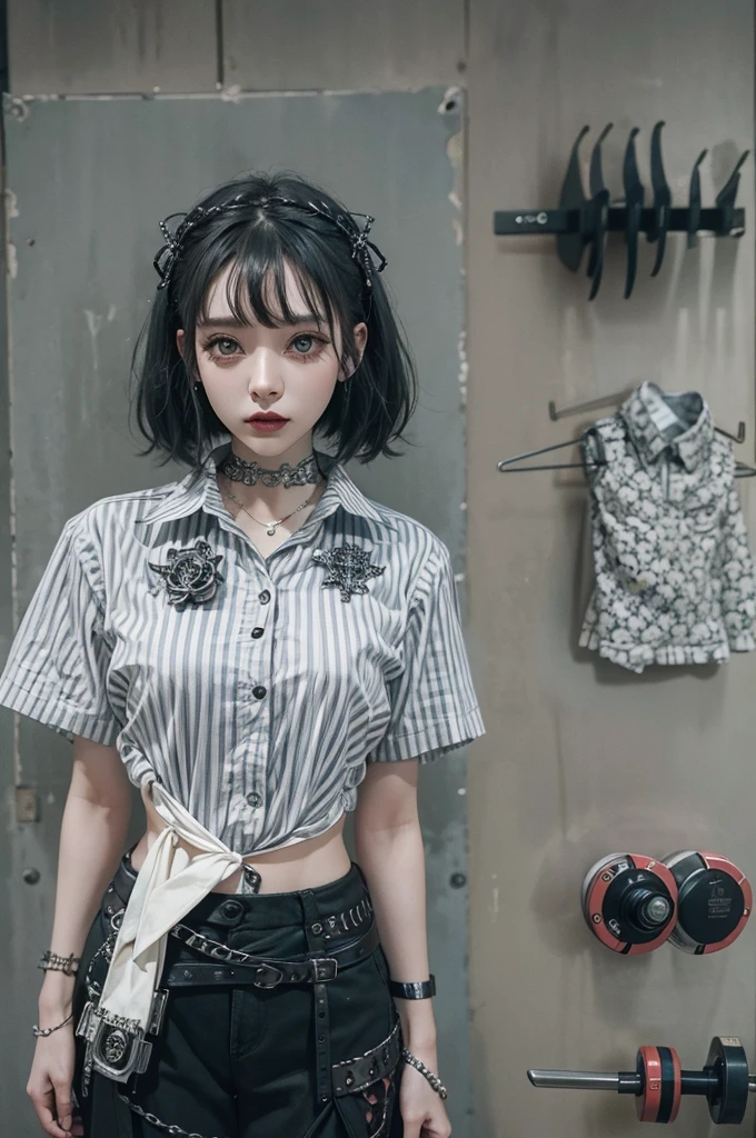 Highest quality、8k、masterpiece：1.3、Gothic Punk、The inside is red、Gray Black Hair、hair ornaments、beautiful girl、creative、Punk Style、Neogoth、Goth Fashion：0.8、High resolution、masterpiece、Highest quality、頭w:1.3、((Hasselblad Photos))、Fine skin、Sharp focus、(Cinema Lighting)、shirt, Shoulder out, Modest chest 