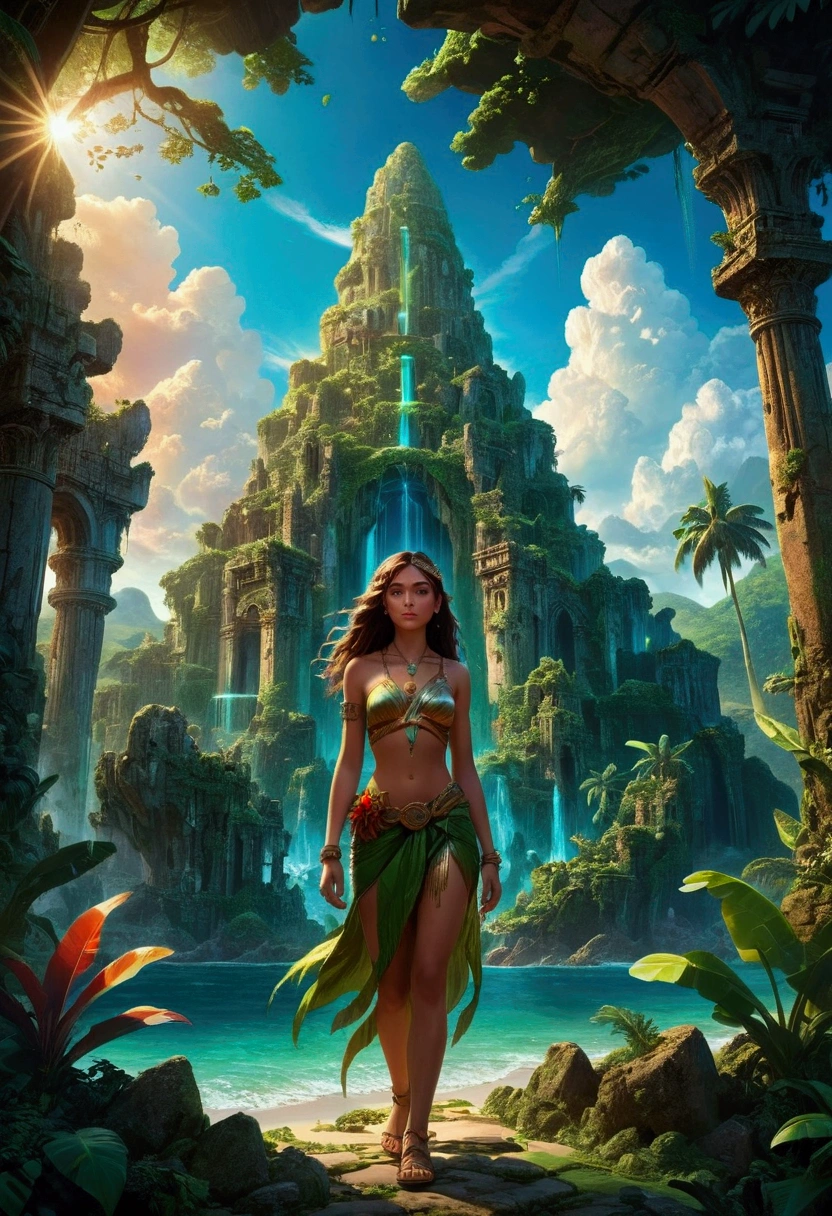1girl, a mysterious island, a magical fantasy tropical island, lush green jungle, ancient ruins, glowing crystals, warm sunlight, vibrant colors, dramatic skies, fantasy landscape, highly detailed, cinematic lighting, intricate details, a sense of wonder and adventure, (4k,8k,highres:1.2), ultra-detailed, masterpiece, best quality, very aesthetic, absurdres