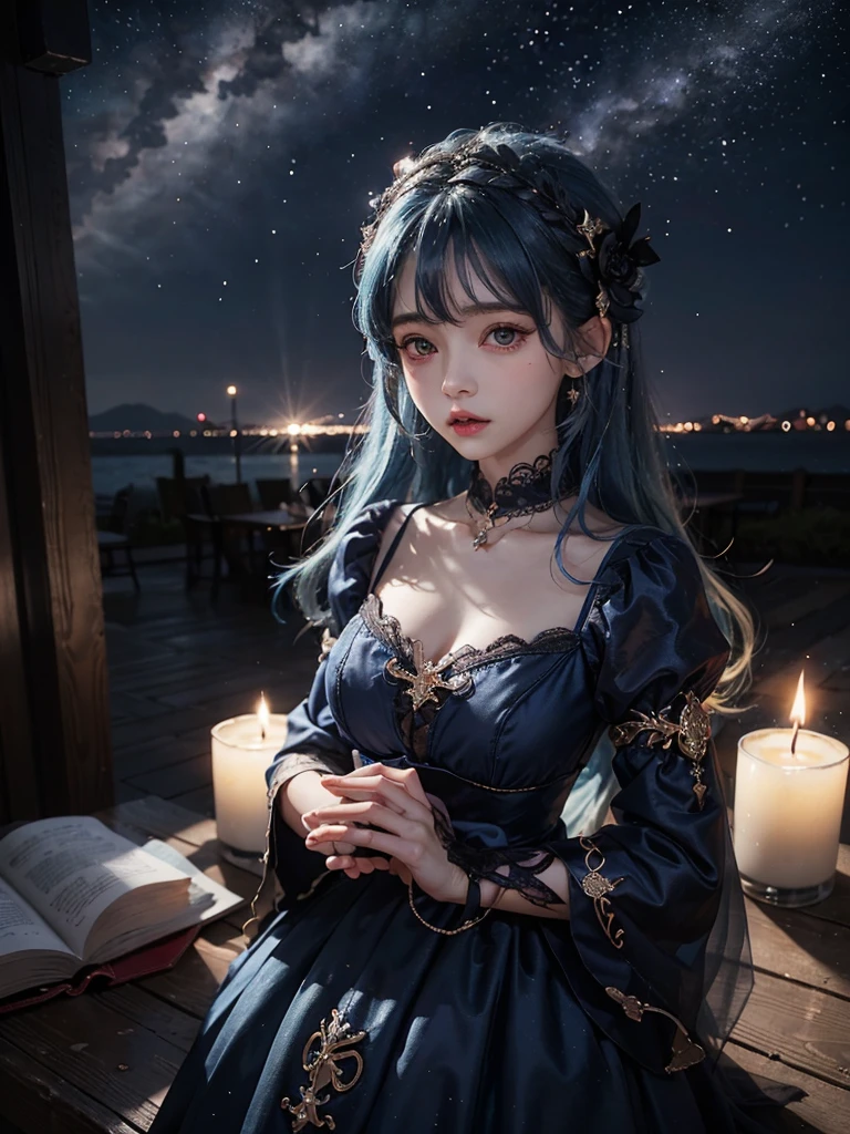 Ultra HD、A beautiful blue-haired character、Photo from chest up、幼児のようなBig eyes、Big eyes、prayer、Red burning cheeks、Night scene with starry sky background、Wearing a gorgeous dress、Subtle details、A fantastic atmosphere、Anime style