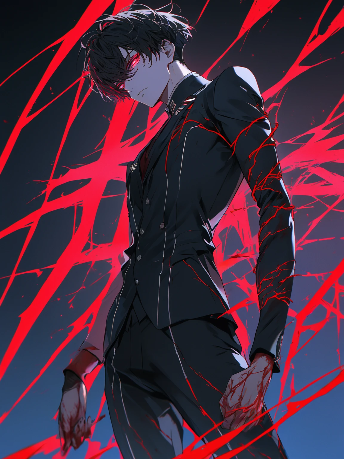 One, beautiful, 1 man, with a sporty body, V-shaped body, black-bard Britannia suit with bloody elements, red veins on the arm, bloody details, model hair, short hair, black hair, blood red eyes, neon eyes, red threads, black light
