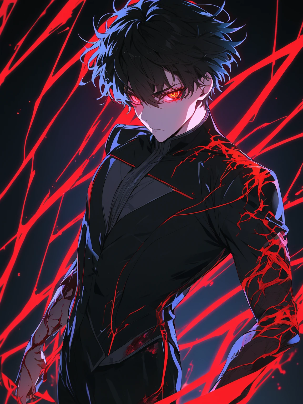 One, beautiful, 1 man, with a sporty body, V-shaped body, elegant black Britannia suit, red veins on the arm, bloody details, model hair, short hair, black hair, blood red eyes, neon eyes, red threads, black light