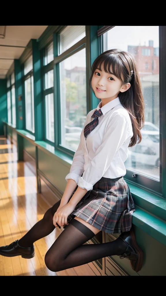 Super fine、8k、muste piece、(RAW photo:1.4)、High resolution、((Composition gradually moving away from the subject))、((Full body photo from face to shoes))、((perfect anatomy:1.2))、Standing sideways、Gaze looking up at the sky、beautiful profile、1 female 14 years old、detailed skin、glowing skin、baby face、double eyelid、long eyelasheoist eyes、small face、smile、open your mouth、Neat and clean hairstyle、school hallway、stare out the window、Put your hands on the window and stretch out.、turn your body toward the window、Natural light comes in from the windows、Dreaminess、realistic school scenery、middle School girls、A blue and gray school bag slung over my shoulder、、slender and delicate body、small breasts、Blazer uniform with green lines、girls 、plaid skirt、healthy、young female teenager、black tights、black tights、detailed black knee high socks、Detailed brown loafers leather shoes、loafers、full body shot、Neat and clean hairstyle、Emphasizes the rather slender leg line