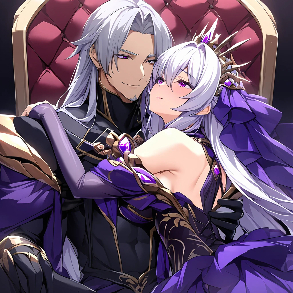 ((Highest quality)), ((masterpiece)), (detailed), (Perfect Face)、The woman is the evil queen Dark Extia, an evil transforming heroine with medium-long silver hair, wearing a gorgeous evil queen dress with gold embroidery and trim, gorgeous accessories, and an engagement ring. She has a happy expression on her face as she hugs the man, leans close to him, and kisses him.、The man is the evil king, Naioro, a handsome man with medium-long silver hair, wearing a black bodysuit and embracing a woman.、A man and a woman are sitting close together on a luxurious throne, making love.、A man and a woman are a deeply loving couple
