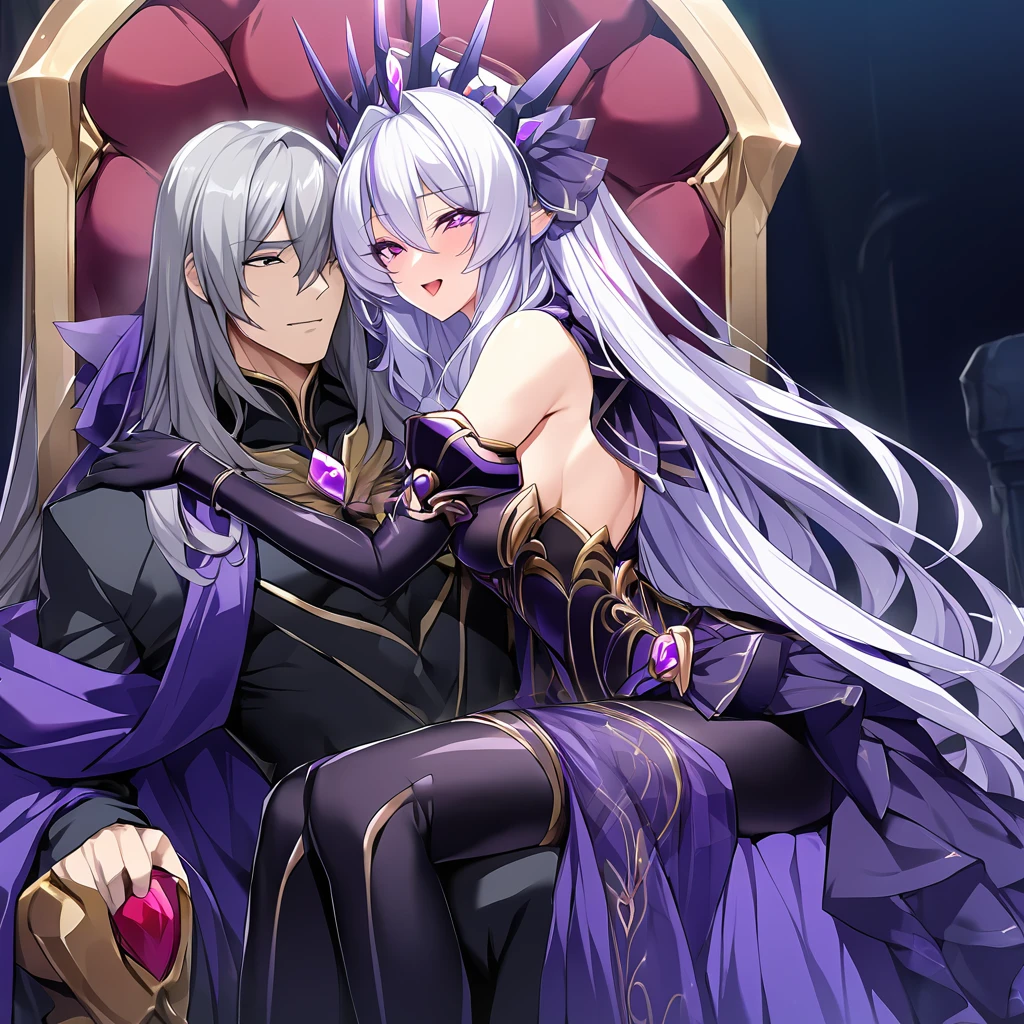 ((Highest quality)), ((masterpiece)), (detailed), (Perfect Face)、The woman is the evil queen Dark Extia, an evil transforming e with medium-long silver hair, wearing a gorgeous evil queen dress with gold embroidery and trim, gorgeous accessories, and an engagement ring. She has a happy expression on her face as she hugs the man, leans close to him, and kisses him.、The man is the evil king, Naioro, a handsome man with medium-long silver hair, wearing a black bodysuit and embracing a woman.、A man and a woman are sitting close together on a luxurious throne, making love.、A man and a woman are a deeply loving couple