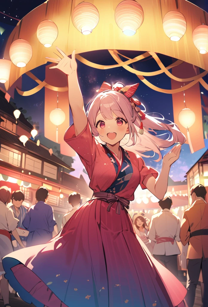 Highest quality、High resolution、Detailed Background、Teenage beauty、Detailed face、cute hair color、Bun Hair、Perfect body line、(Lively girl dancing at Bon Odori venue:1.5)、(Dancing with hands up high:1.5)、night、Festivals、Bon Odori venue、A big smile、Cute patterned yukata、dancing lively、Waving your hands back and forth、Waving your hands left and right、Coordinated hand and foot movements、Traditional Japanese summer festivals、Bon Odori is held at night, so lanterns and other lights are lit up, creating a fantastic atmosphere.、cute