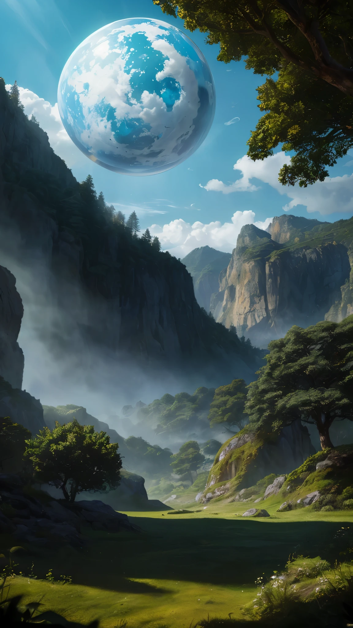 a giant magnificent sphere floating in the mountains, (best quality,4k,8k,highres,masterpiece:1.2),ultra-detailed,(realistic,photorealistic,photo-realistic:1.37),HDR,UHD,studio lighting,ultra-fine painting,sharp focus,physically-based rendering,extreme detail description,professional,vivid colors,bokeh,landscape,cinematic,dramatic lighting,volumetric clouds,glowing,highly saturated,lush greenery,dramatic shadows,intricate details,epic proportions