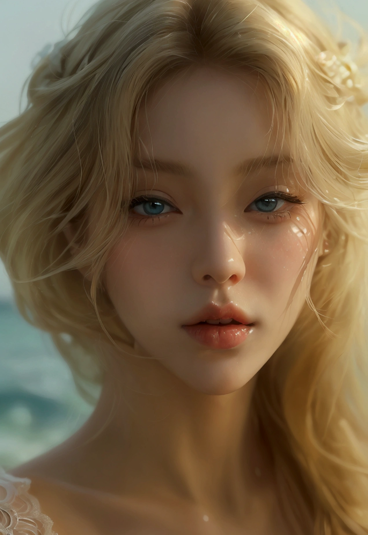 Real,Ocean,Beautiful woman,Perverted whore,Heavy makeup,Bold Pose,Realistic, Highest quality, masterpiece, Detailed Hair, Detailed skin,Blonde Hair,Has large breasts,Spread your legs wide