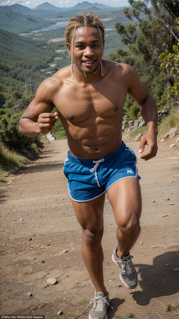 blond hair black papuan man, an inflated body, blue eyes, wearing shorts, running on the mountain, smirk