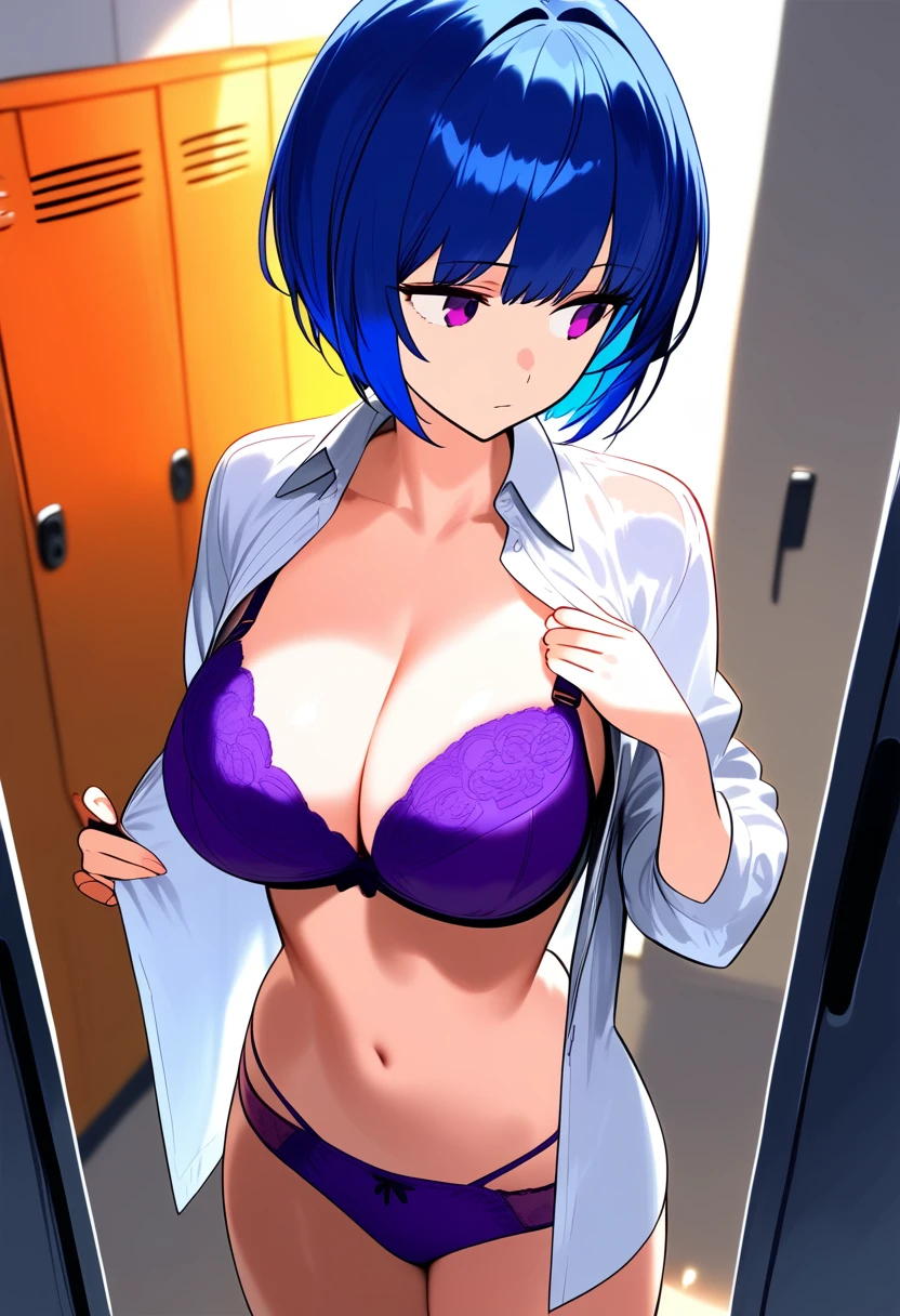 masterpiece, Highest quality, Expressionless, 1 girl, 、Locker Room、Change of clothes、Open shirt、Purple panties(((Blue Hair)))　　((Purple Bra))　Big Breasts　Short Hair　Look away　From above
