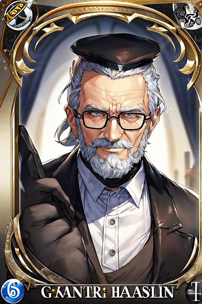 masterpiece, best quality, older man, skinny, very skinny, very short hair, gray hair, unshaven beard, circular glasses, black hat, black gloves, white shirt, beige jacket on top, friendly smile, poker card in his hand , look ahead. poker card, malicious look