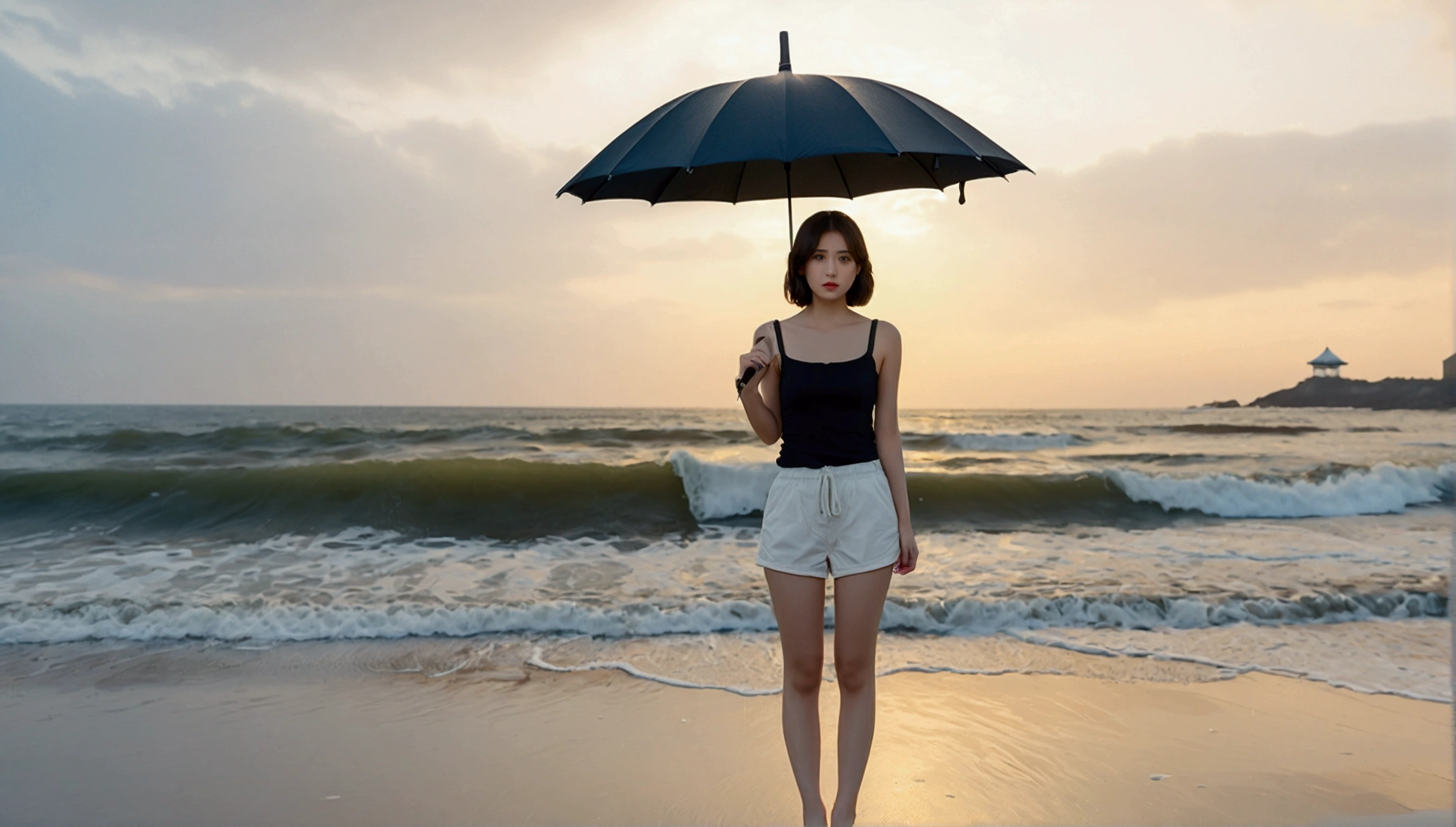 8k, Vivid picture quality, Vivid picture quality, long deserted beach, Full body shot from a distance with a wide angle lens, Short hair, beautiful appearance, Model-like body, Short and slim Korean woman, sunset의 붉은 빛, sunset, alone, afternoon, depressed, tide가 밀려온다, rain, medium size black umbrella, ocean, tide, wind, Clear picture quality, tower, White shorts, Wearing a black umbrella and looking at the camera, Short hair