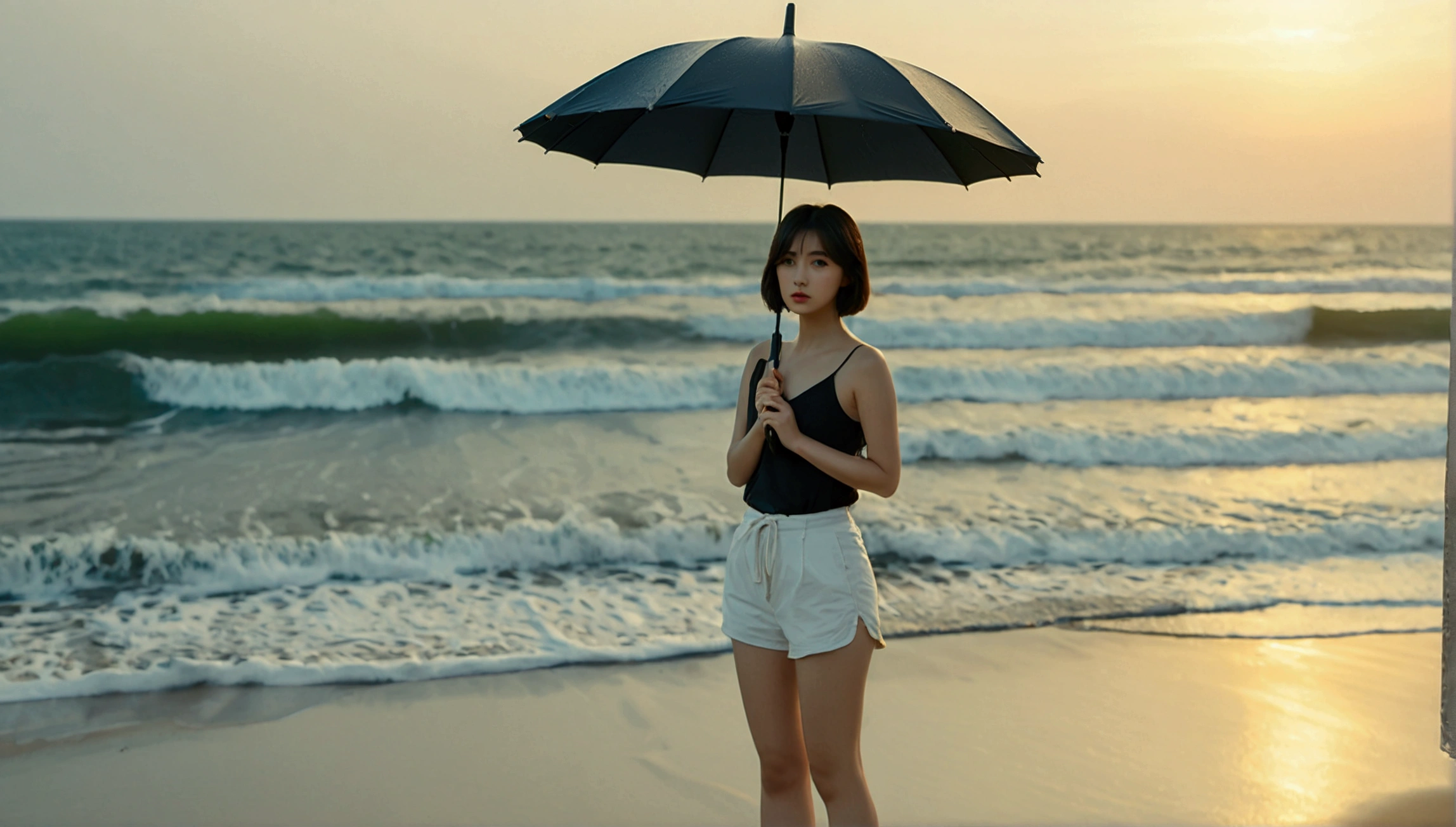 8k, Vivid picture quality, Vivid picture quality, long deserted beach, Full body shot from a distance with a wide angle lens, Short hair, beautiful appearance, Model-like body, Short and slim Korean woman, sunset의 붉은 빛, sunset, alone, afternoon, depressed, tide가 밀려온다, rain, medium size black umbrella, ocean, tide, wind, Clear picture quality, tower, White shorts, Wearing a black umbrella and looking at the camera, Short hair