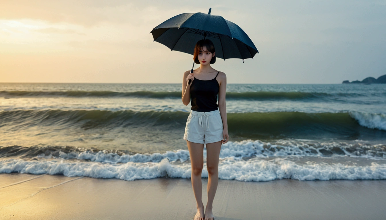 8k, Vivid picture quality, Vivid picture quality, long deserted beach, Full body shot from a distance with a wide angle lens, Short hair, beautiful appearance, Model-like body, Short and slim Korean woman, sunset의 붉은 빛, sunset, alone, afternoon, depressed, tide가 밀려온다, rain, medium size black umbrella, ocean, tide, wind, Clear picture quality, tower, White shorts, Wearing a black umbrella and looking at the camera, Short hair