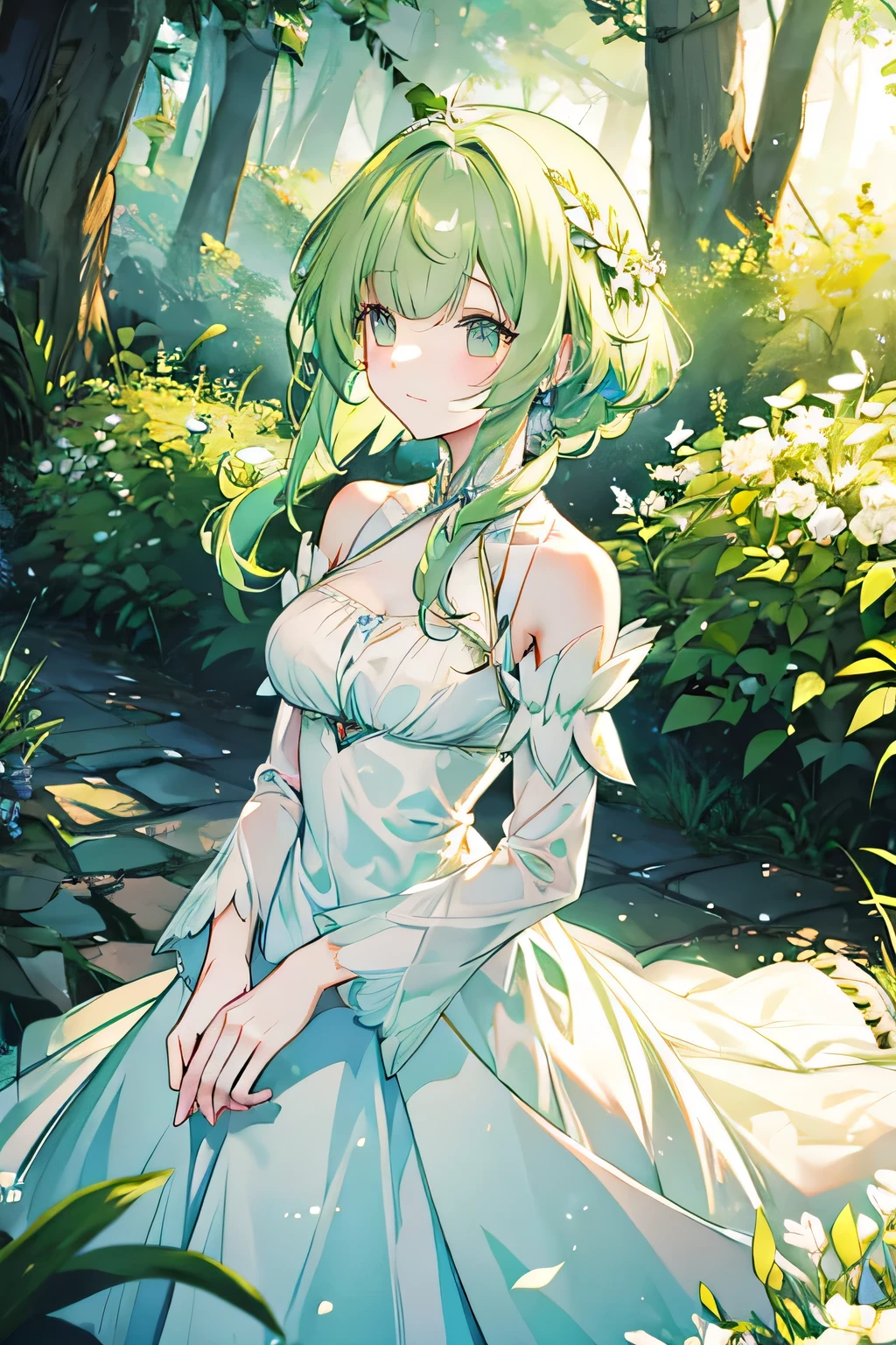A natural princess with green hair and a white dress