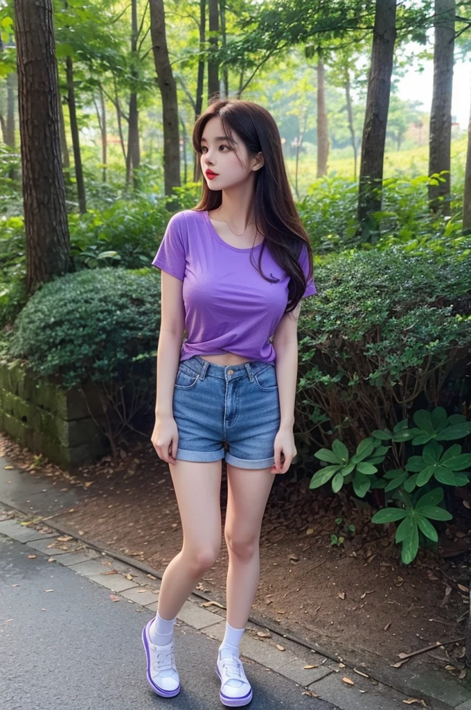 A very cute girl, solo, young, wearing purple tshirt and short pants, big breasts, white and smooth skin, standing, long hairs, red lip, at forest realistic face, full body, blue shoes
