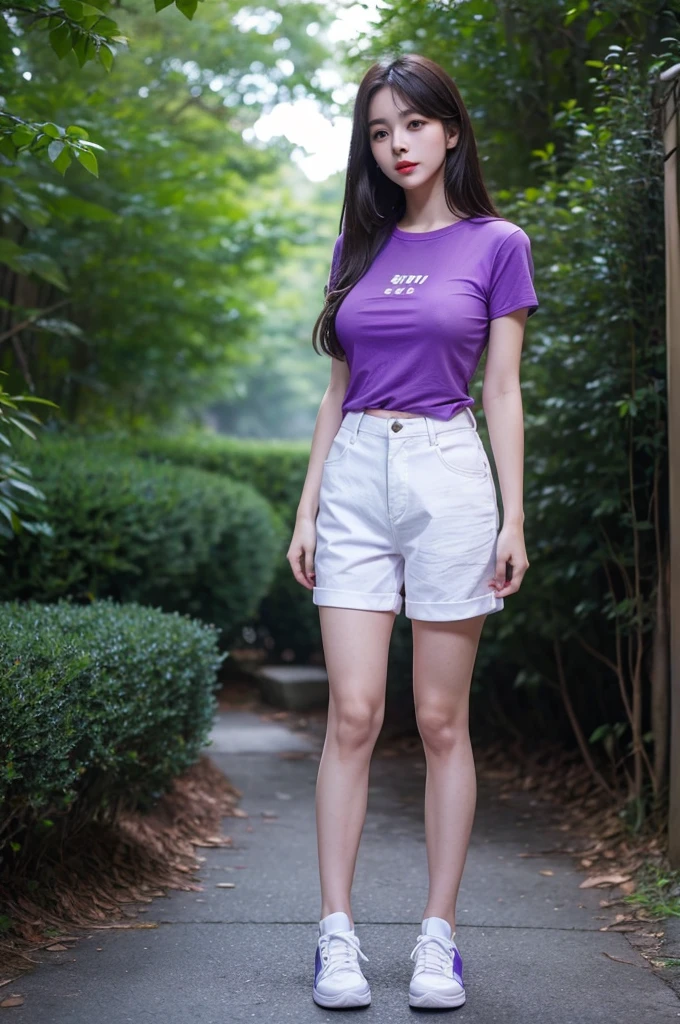 A very cute girl, solo, young, wearing purple tshirt and short pants, big breasts, white and smooth skin, standing, long hairs, red lip, at forest realistic face, full body, blue shoes