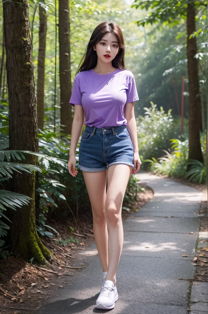 A very cute girl, solo, young, wearing purple tshirt and short pants, big breasts, white and smooth skin, standing, long hairs, red lip, at forest realistic face, full body, blue shoes
