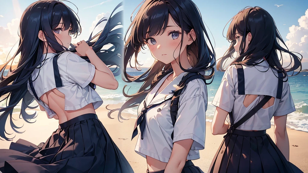 a girl in a navy sailor uniform skirt blowing in the wind, beach, summer sky, daytime, lower body shot:1.4, back view:1.6,long shot, intricate details, longeyelashes, detailed clothing folds and textures, sun rays, warm lighting, vibrant colors, golden hour, photorealistic, 8k, hyperdetailed, masterpiece, cinematic