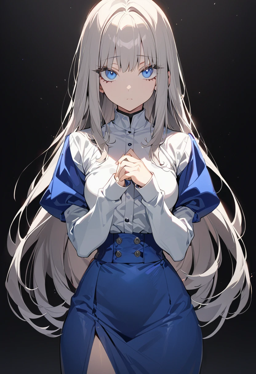 One girl, masterpiece, best quality, beautiful, expressionless, big eyes, blue eyes, long hair, moe sleeves, straight skirt, black background, anime