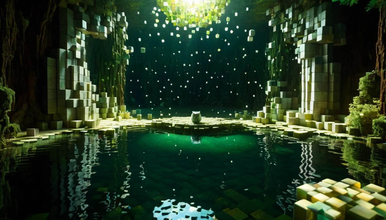 An enchanted lake in a deep, secret location littered with RAL-3D cubes, Great light pours in,Baby owl watching from afar