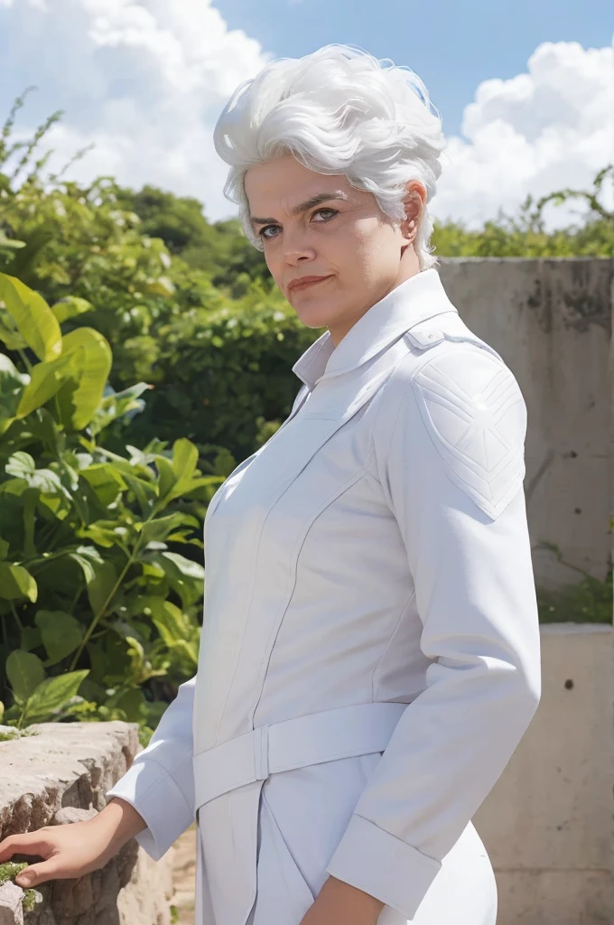 1 girl, comic illustration of (dilm4), Super heroi, God of thunder, storm sky, white uniform, Tuuli, trunk, White hair, (best qualityer), absurderes, realisitic, cinematic lighting, Day Light, plein-air, professional foto, Lente Hasselblad 50mm 