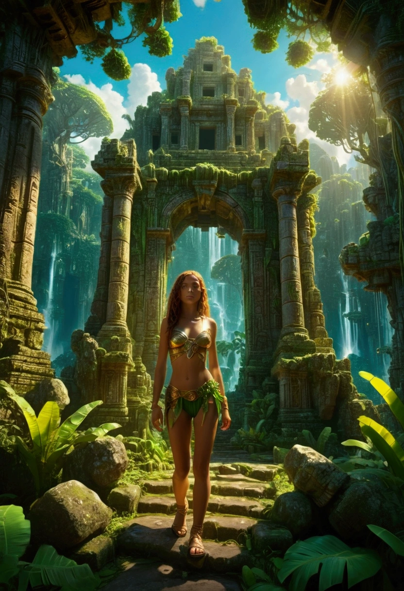 1girl, a mysterious island, a magical fantasy tropical island, lush green jungle, ancient ruins, glowing crystals, warm sunlight, vibrant colors, dramatic skies, fantasy landscape, highly detailed, cinematic lighting, intricate details, a sense of wonder and adventure, (4k,8k,highres:1.2), ultra-detailed, masterpiece, best quality, very aesthetic, absurdres