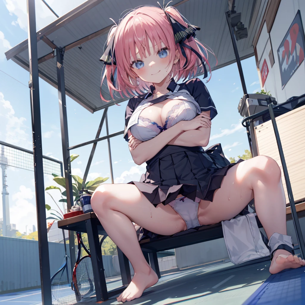 ((nswf Japanese)),(((trembling:1.3))),,Absurd, High resolution, break Show Viewer, whole body, (From below:1.5) break (Bright colors:1.3) break (One Girl:1.3), (change:1.2),Redhead, blue eyes, Tennis uniform, Hair Clip, Earrings, jewelry, nm1, Hair Ribbon, short hair, Tennis Cosplay, (Pleated super short skirt:1.4), (Thighs:1.3), large chests, (Wicked Smile:1.3), Open your mouth, (Arms crossed:1.3), (chest:1.3), Round eyes, (blowing in the Wind:0.5), Sweat around the girl, Dripping sweat, (((Very cute panties))), (Sit on a bench:1.3), (barefoot:1.3), (Foot seal:1.2),(show bra),Spread your legs,Looking down,Show Viewer, Perfect Legs,Focus on the soles of the feet, Detailed depiction of the crotch,From below ceiling, I breathe, throw, (Glowing Skin:1.4), Squall (Wind:1.2), speed, 爽やかなWind, Motion Blur Effect, Wind break background is (Tennis court:1.3), (Stand in the center of the screen:1.3), (10,000 spectators:1.3), There are several people behind you, Blue sky with clouds, Outdoor, (Amazing panoramic views:1.2), Wind break sunlight, Nice views, Rainbow in the sky, Particles of light, Dynamic Angle, Dutch Angle, perspective break (Daytime, Sunbeam:1.2), Written boundary depth, Bokeh, Light leakage, (chromatic aberration:1.2), noon break