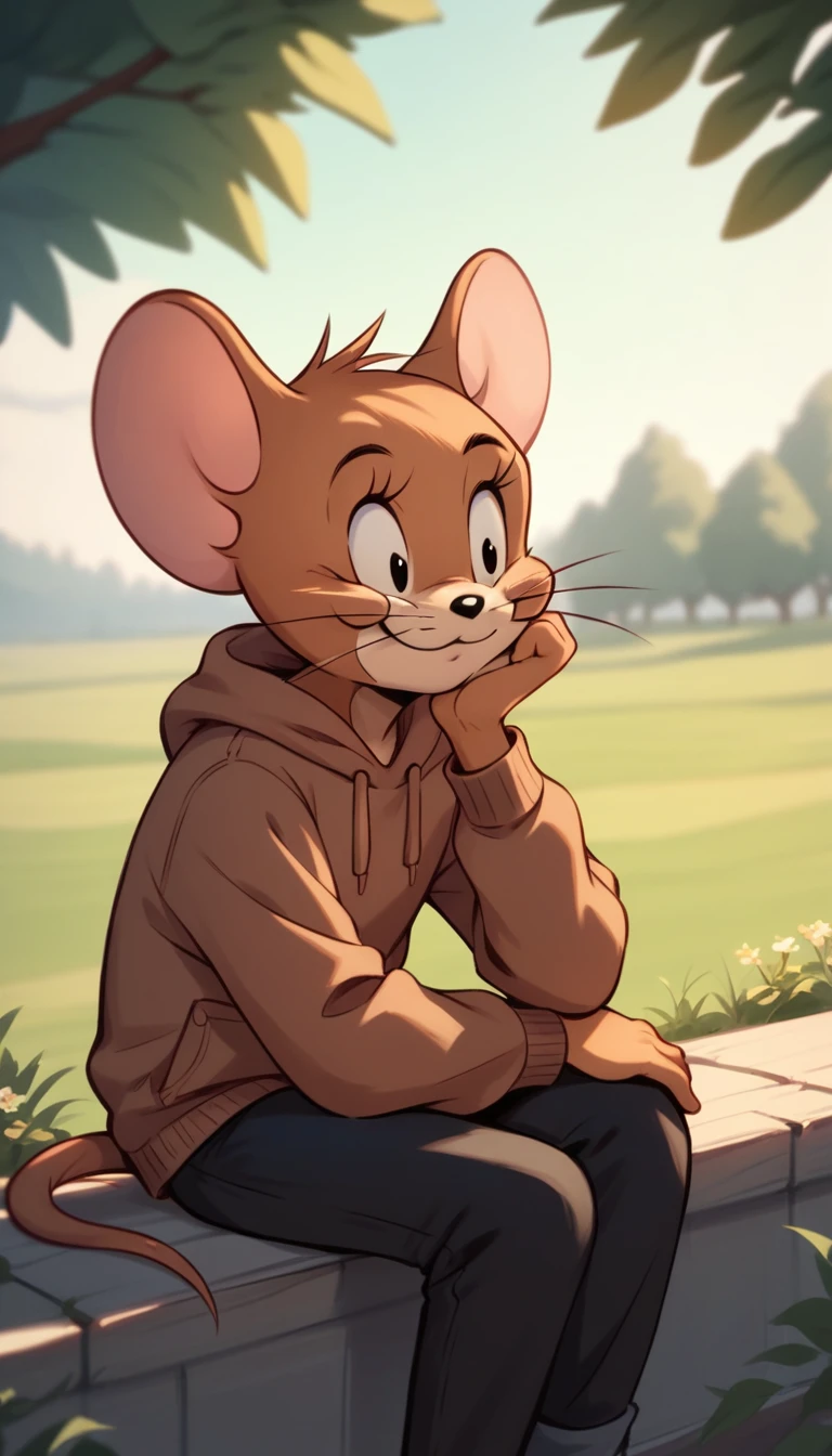 Fraction_9, Fraction_8, Fraction_9, rest, Jerry, mouse, Whiskers, mouse ears, mouse tail, outdoor, Lovely,Brown hoodie,Black pants