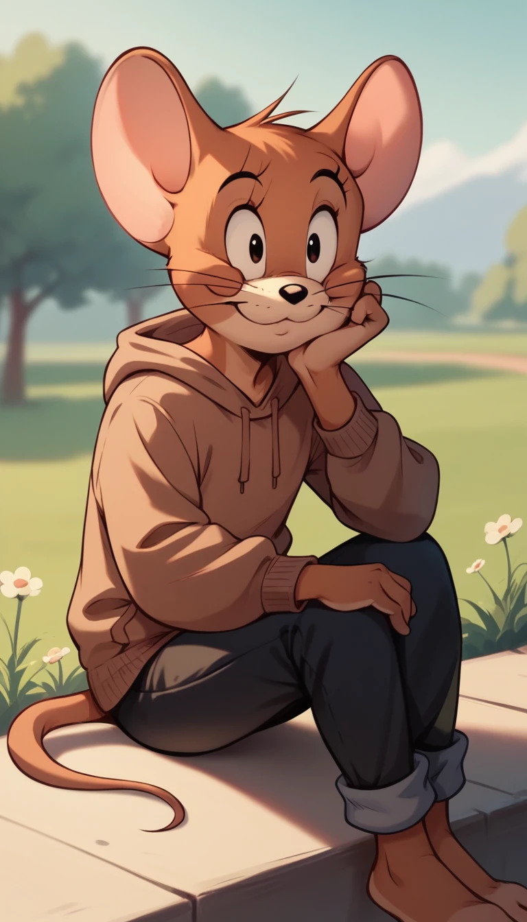 Fraction_9, Fraction_8, Fraction_9, rest, Jerry, mouse, Whiskers, mouse ears, mouse tail, outdoor, Lovely,Brown hoodie,Black pants