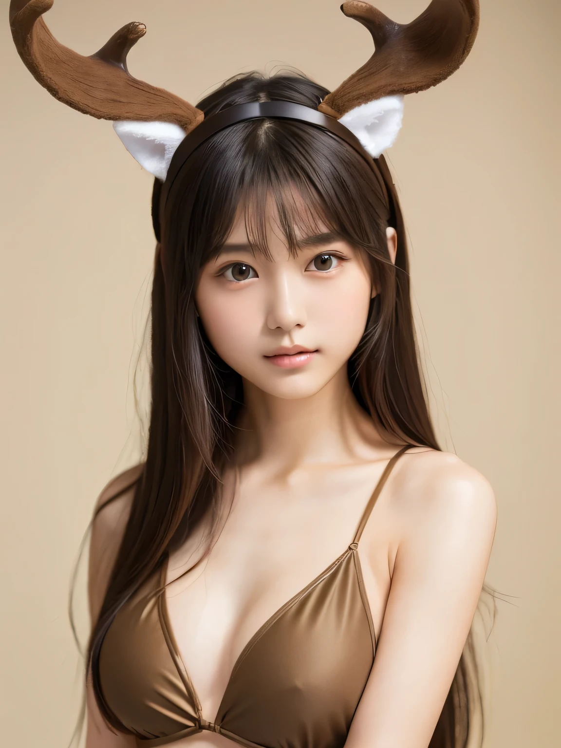 (masterpiece:1.2) 、 (best quality:1.2)、 (ultra-detailed:1.2)、Put a deer costume on your head、brown fur swimsuit、17 years old、beautiful girl、(Skinny body type:1.3)、(Cute pose:1.4、Upper body only、(No background:1.4)