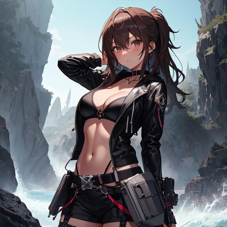 Mysterious Island, Misaka Mikoto, 1girl, black choker, uhd, retina, masterpiece, ccurate, anatomically correct, textured skin, super detail, high details, high quality, best quality, highres, 4K