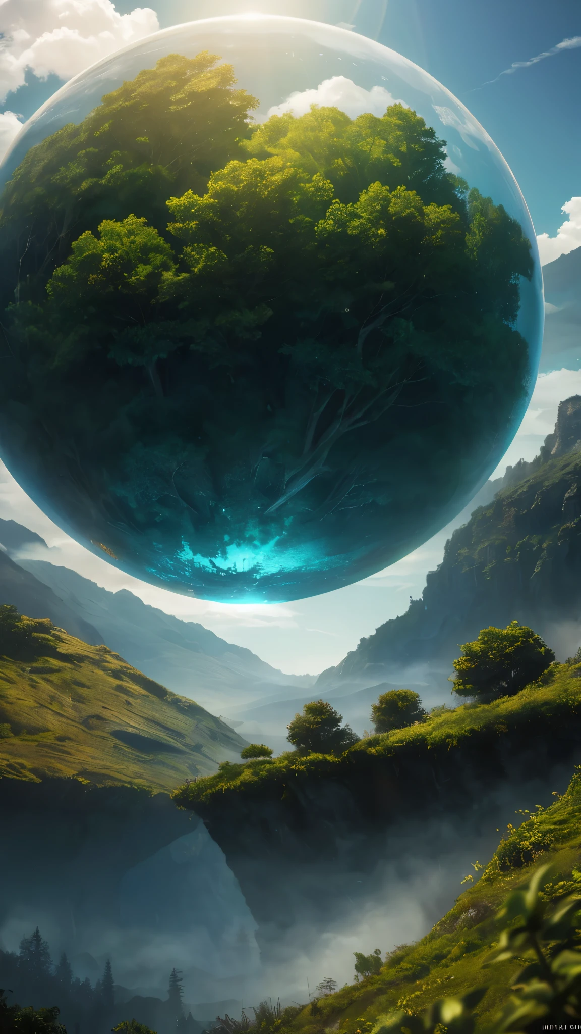 a giant magnificent sphere floating in the mountains, (best quality,4k,8k,highres,masterpiece:1.2),ultra-detailed,(realistic,photorealistic,photo-realistic:1.37),HDR,UHD,studio lighting,ultra-fine painting,sharp focus,physically-based rendering,extreme detail description,professional,vivid colors,bokeh,landscape,cinematic,dramatic lighting,volumetric clouds,glowing,highly saturated,lush greenery,dramatic shadows,intricate details,epic proportions