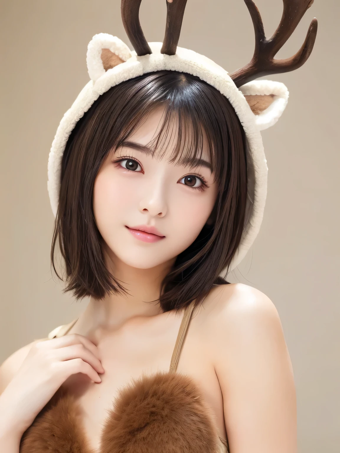 (masterpiece:1.2) 、 (best quality:1.2)、 (ultra-detailed:1.2)、Put a deer costume on your head、brown fur swimsuit、、beautiful girl、Bob Hair、(Cute pose:1.4、Upper body only、(No background:1.4)