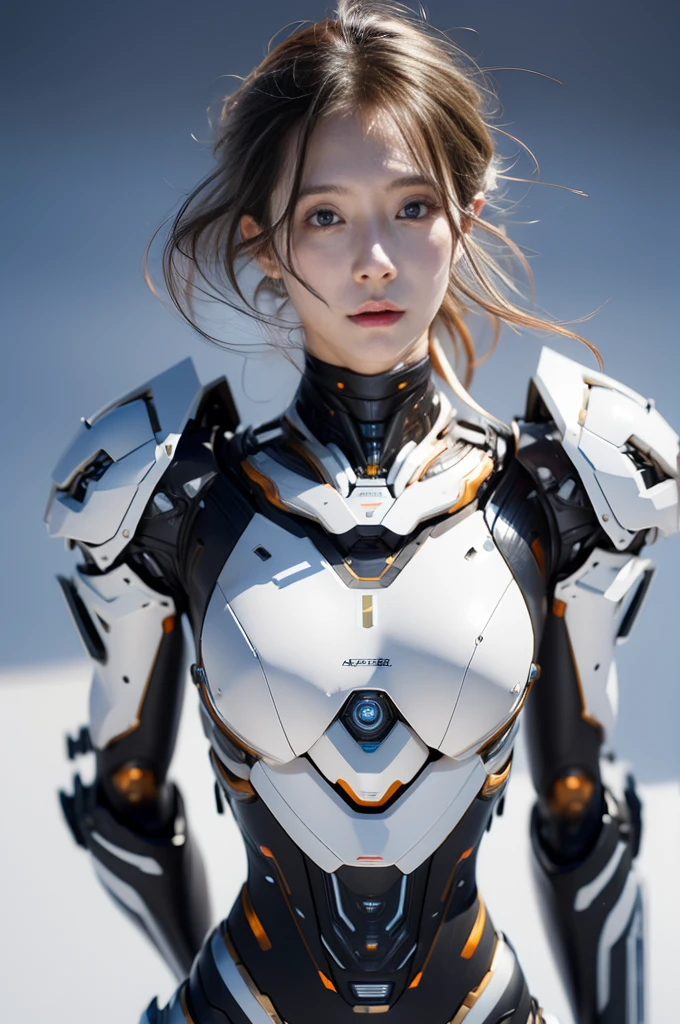 {{best quality, 1080P, Masterpiece, Ultra high resolution, photorealistic, ultra realism, Realistic skin texture, Extreme skin detail, dslr, Detailed eyes, Facing the camera, The face is very young and beautiful., blue eyes,Concise facial structure, Pale skin, Realistic skin texture, Extreme skin detail, oc render reflection textures, Realistic light and shadow, Single picture, alone, The body is slim and balanced., Height 170, naked girl, NUDE, no underwear, A girl with the body of a mechanical robot., Transparent futuristic black glass mech armor suit, The mechanical cervix is attached to the neck., flat stomach, Woman with perfect robot arms and legs, ((You can see from the head down to the feet.)), full body view, Whole body photo.}}