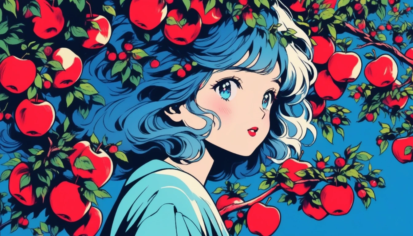 ilustrador, Japanese cartoons , Practical ,sketch , 1 Girl, ,lips, There are many apples on the apple tree next to it,Order, Blue gradient background, Neon hair,Texture cropping, Canada, (best quality)