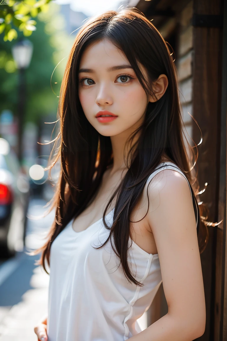 Realistic portrait of a 20 year old girl with long hair, Flowing blonde hair, Small, naked brown eyes are striking
