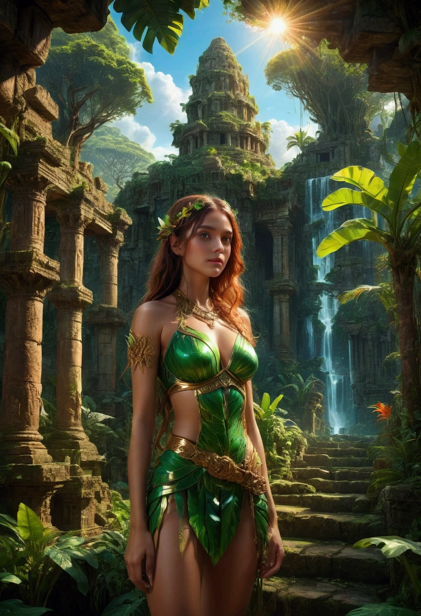 1girl, a mysterious island, a magical fantasy tropical island, lush green jungle, ancient ruins, glowing crystals, warm sunlight, vibrant colors, dramatic skies, fantasy landscape, highly detailed, cinematic lighting, intricate details, a sense of wonder and adventure, (4k,8k,highres:1.2), ultra-detailed, masterpiece, best quality, very aesthetic, absurdres