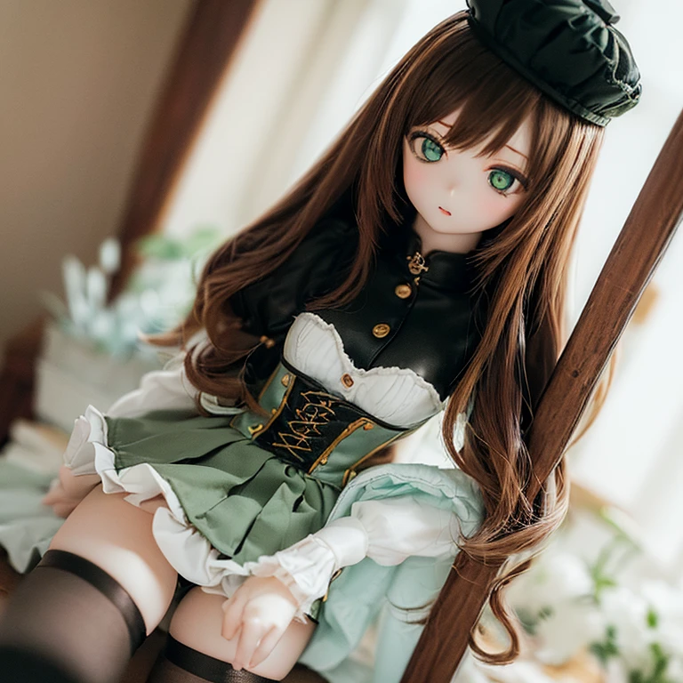 (SFW:2), photorealistic, realistic photo, 8k, ((highest quality)), ((masterpiece)), (extremely detailed), kukolnydom, doll, (mature woman, 21yo, 21 years old, solo:1.6), ((dutch angle, dynamic pose, slim, slender, skinny, medium breasts, bowler hat, frilled shirt, puffy sleeves, corset, tiered pannier skirt, thigh-high socks)), (green eyes, brown hair, long hair, plastic skin, looking at another, glass eyes, gradient eyes, shining eyes, detailed eyes:1.3)